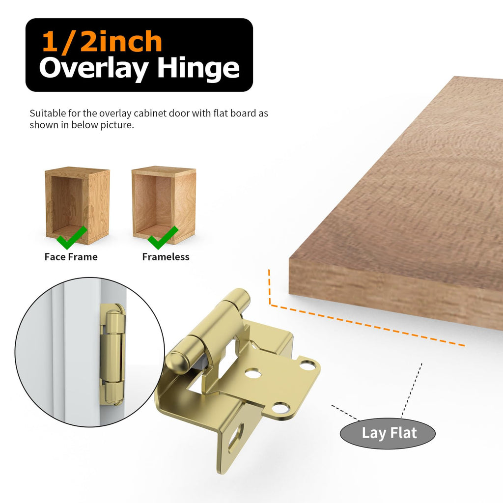 20 Pack | 1/2 inch Overlay Semi Partial Wrap Around Cabinet Hinges, Self Closing Face Frame Variable Decorative