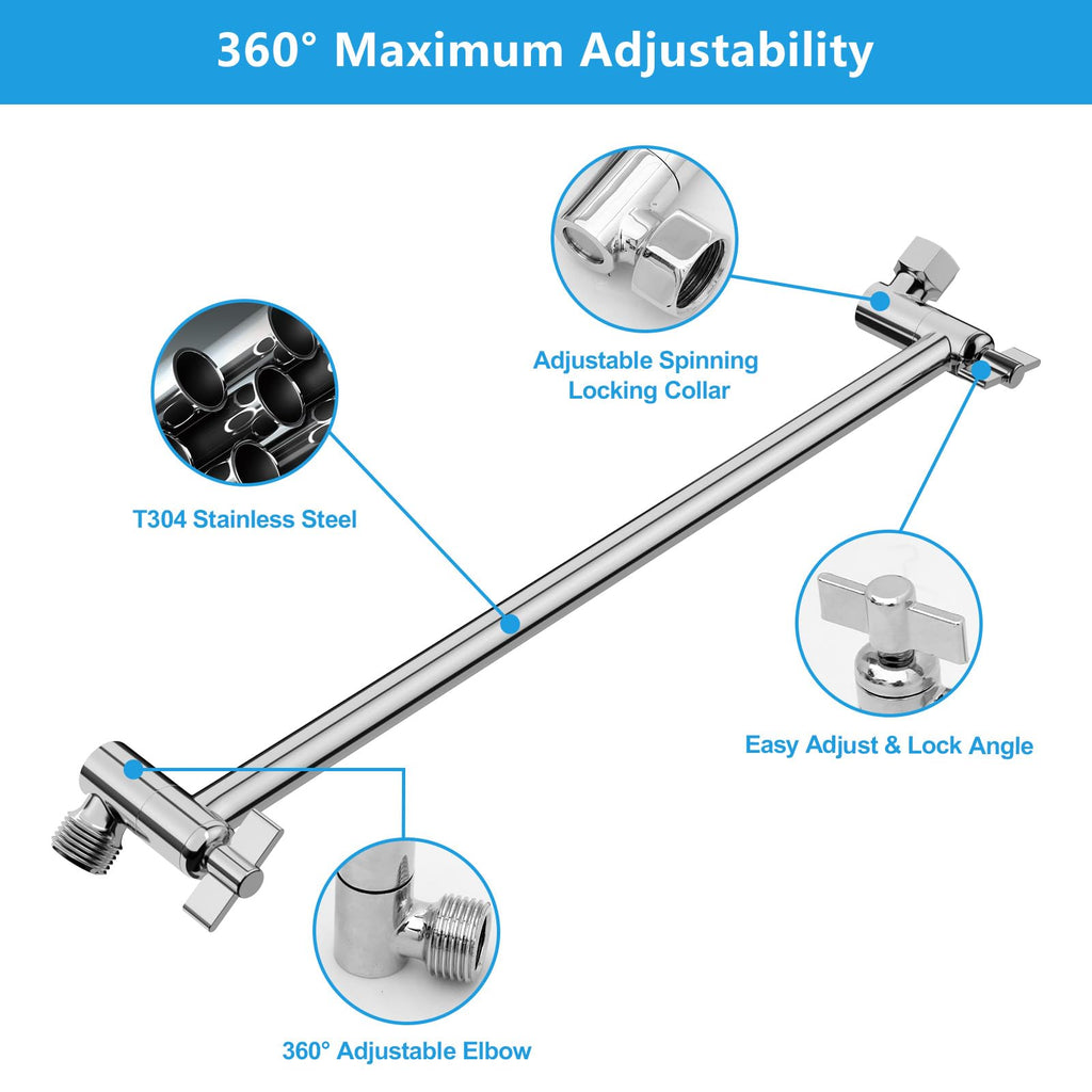 16 Inch Shower Head Extension Arm, Solid Stainless Steel & Brass