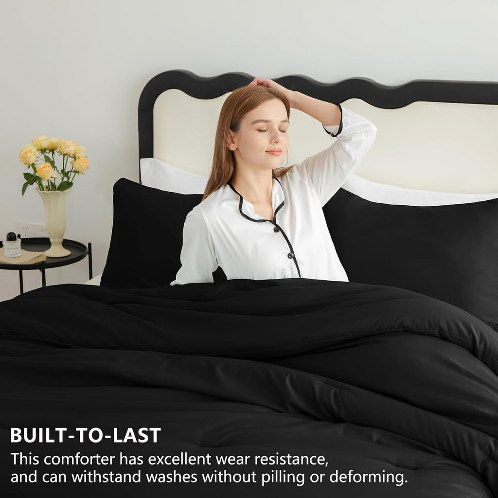 Queen Comforter Set Black, 3 Pieces Solid Comforters Queen Breathable Quilted Bedding Sets