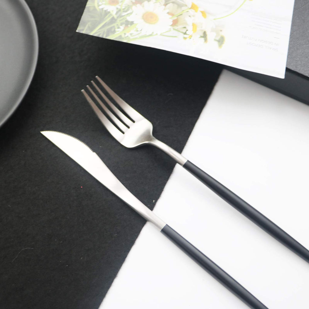 18/10 Black Handle Flatware Silver Silverware Set 304 Stainless Steel Flatware Cutlery Set| 24-Piece Adaline Royal
