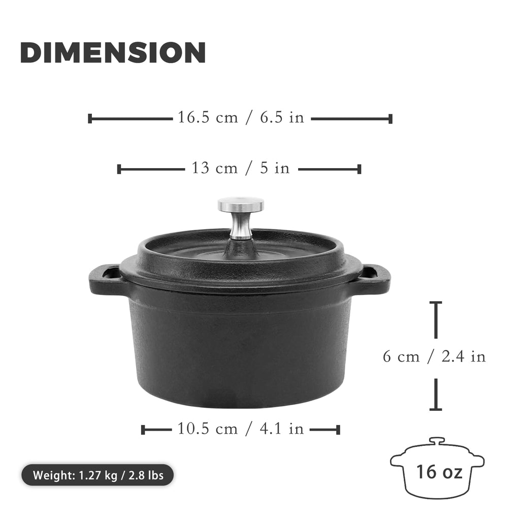 Mini Cocotte 16 oz Pre-Seasoned Mini Dutch Oven 0.5 qt. Cast Iron Garlic Roaster for Oven Garlic Confit Pot Ramekins