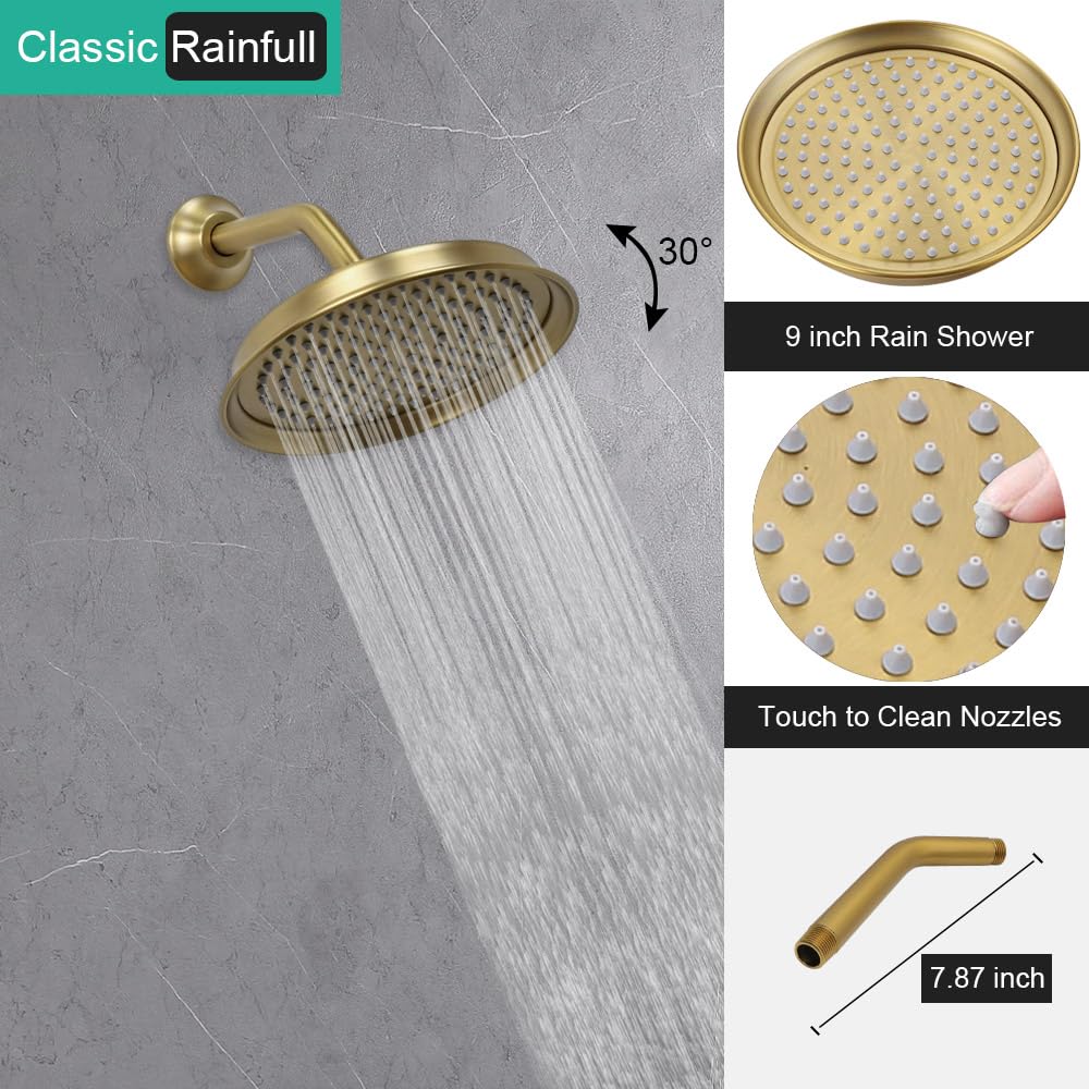 Antique Brass Shower Faucet, 9 Inch Rain Head Shower Set