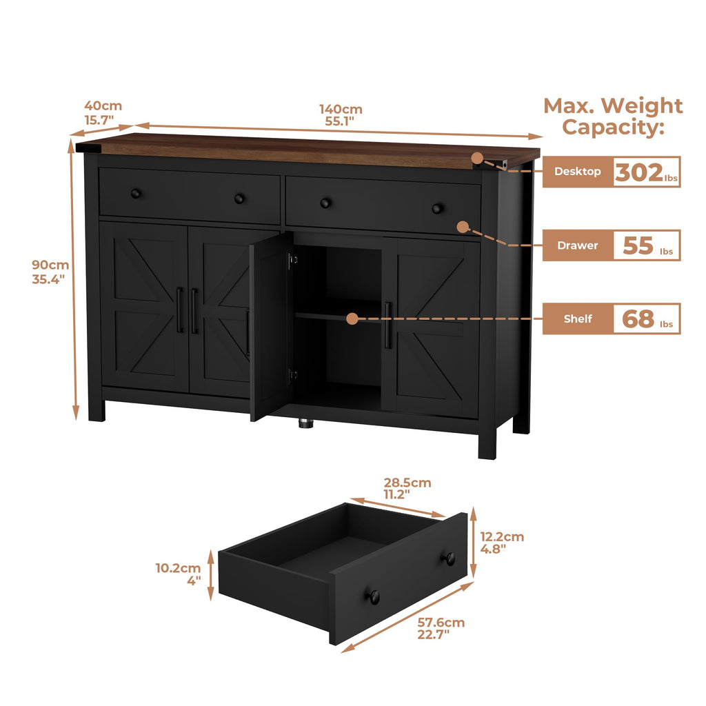 55" Sideboard Buffet Cabinet with Storage, Coffee Bar Cabinet with 2 Drawers and 4 Barn Doors, Long Storage Cabinet