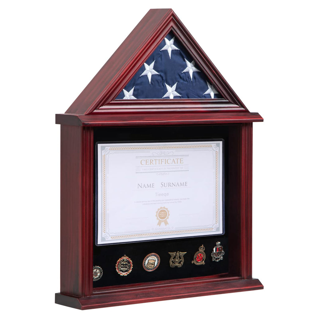 Small Military Shadow Box with Flag Display Case, Mahogany Finish