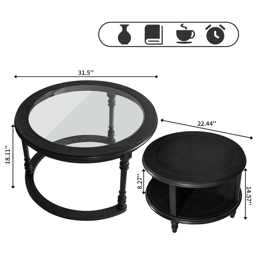 Nesting Coffee, Round Tempered Glass Solid Wood Nest Coffee Tables with Storage, Retro Small Accent Center for Small