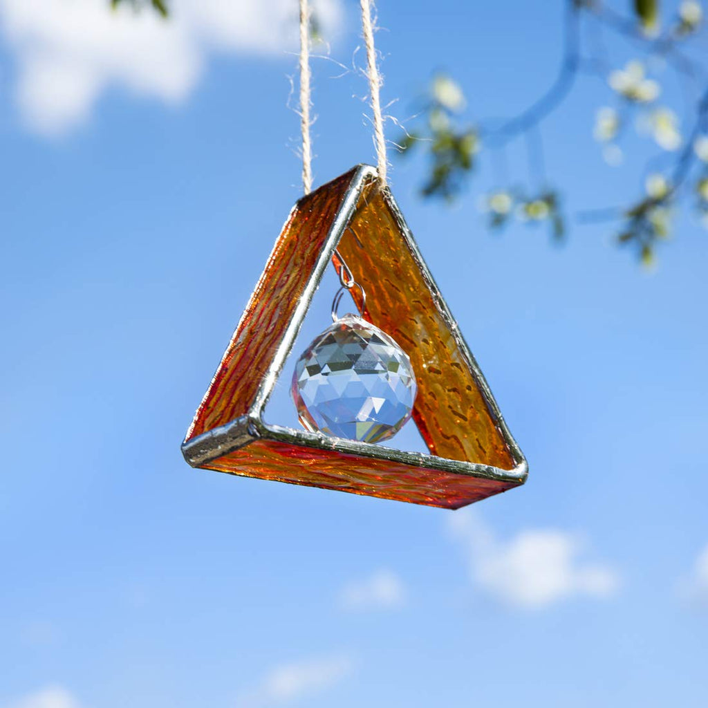 Orange Stained Glass Pyramid Suncatcher with Crystal Ball