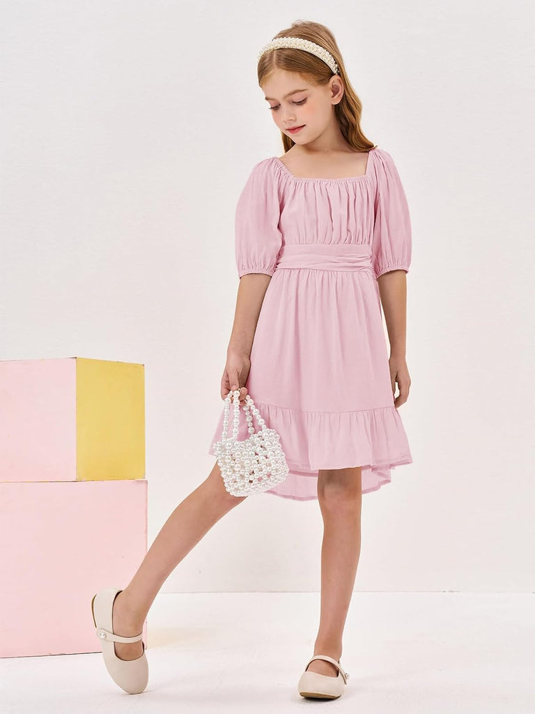 Girls Summer Dresses Square Neck Tie Backless Dress
