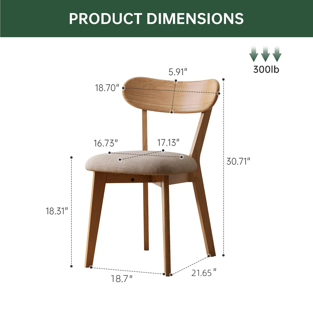 100% Solid Oak Dining Chairs, Mid Century Modern Dining Chair with Curved Backrest, Fabric Upholstered Dining Chairs