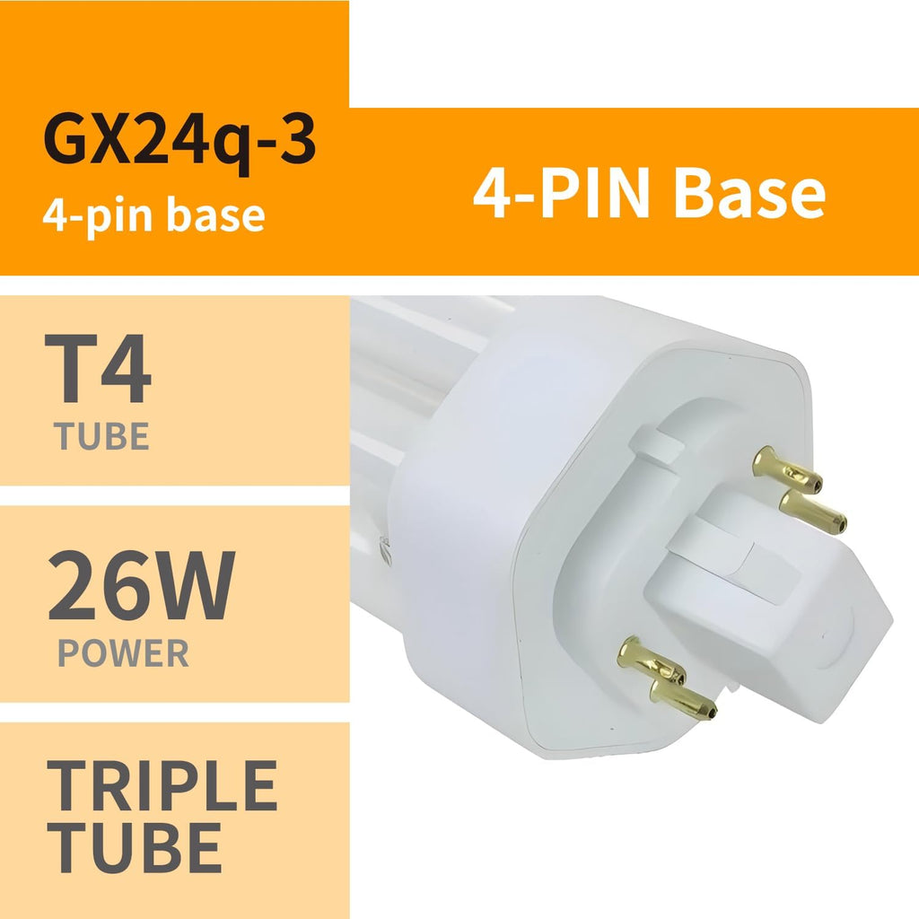 PL-T 26W 4-Pin CFL Bulbs 4-Pack, GX24Q-3 Base 4100K Cool White, Energy Saving Direct Replacement for Commercial