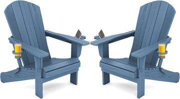 Outdoor Adirondack Chairs Set of 2 with 2 Cup Holders,Foldable,Blue | HDPE Composite,Waterproof,Wood Grain,Cup &