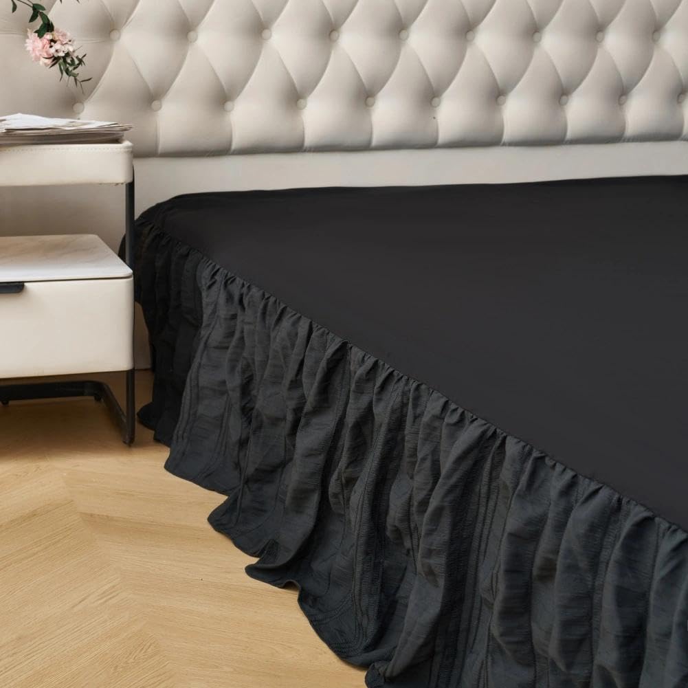 Bed Skirt, Crinkle Textured Stripe Bed Skirt with Platform, Black