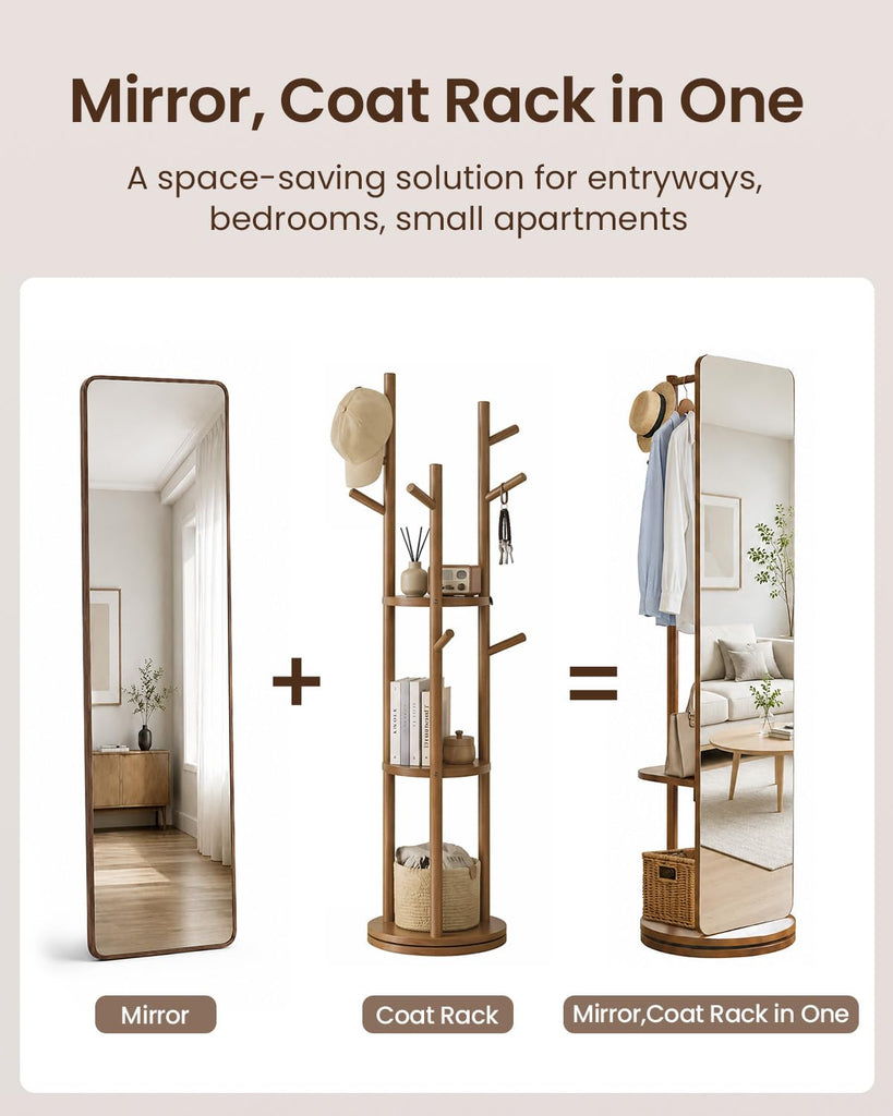 Solid Wood Mirror Coat Rack, Full Length Mirror with Stand Walnut