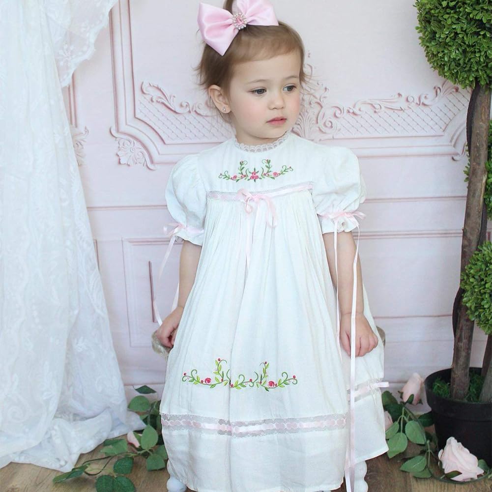 Girl Dress, Embroidered Floral Heirloom, Lace Crew Collar, Puff Sleeve, Cotton Kids Casual Clothing Pink