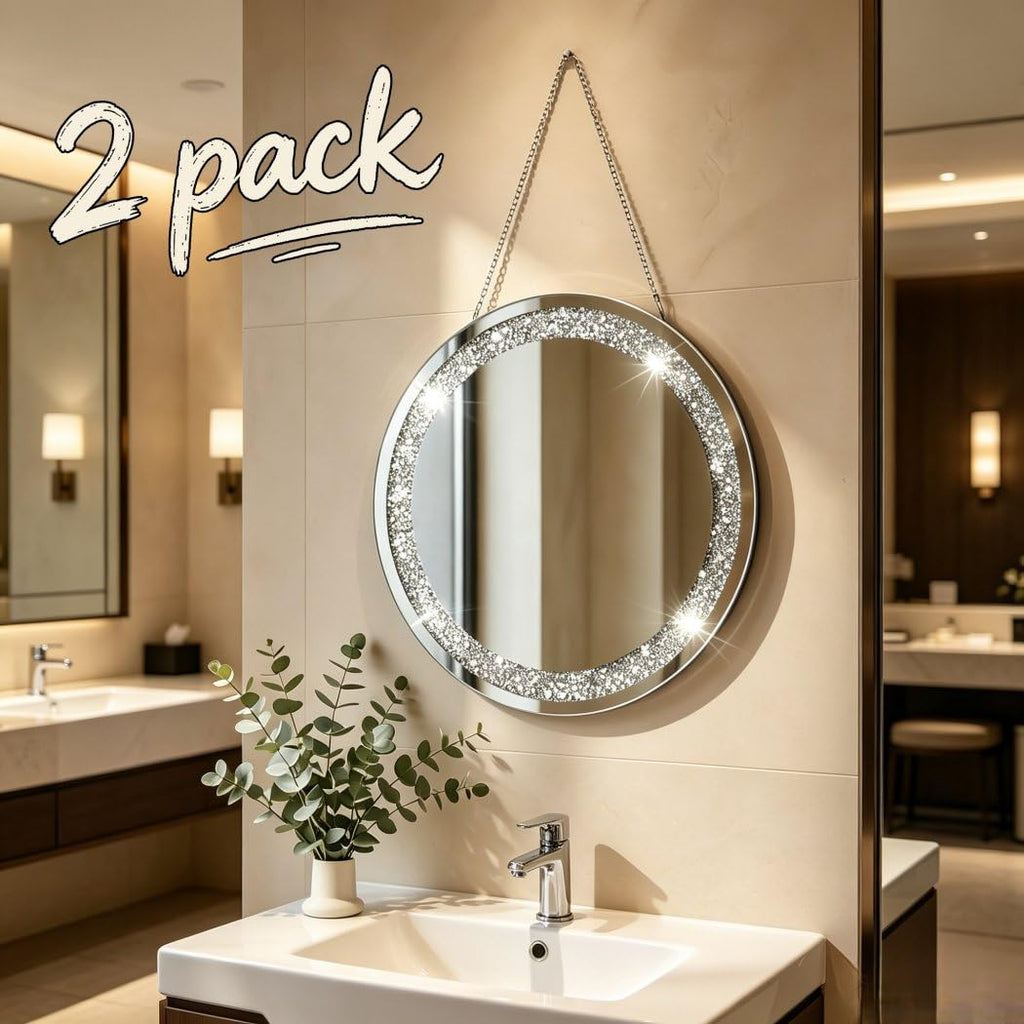 Crystal Crush Diamond Silver Mirror 2 Pack Diameter 12inch Round Shape with Iron Chain Real Glass Mirror for Wall