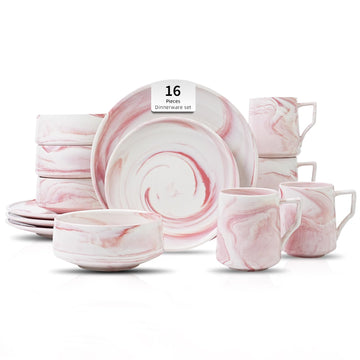 16pc Fine China Dinnerware Set for 4, Artisan Marbled Pink