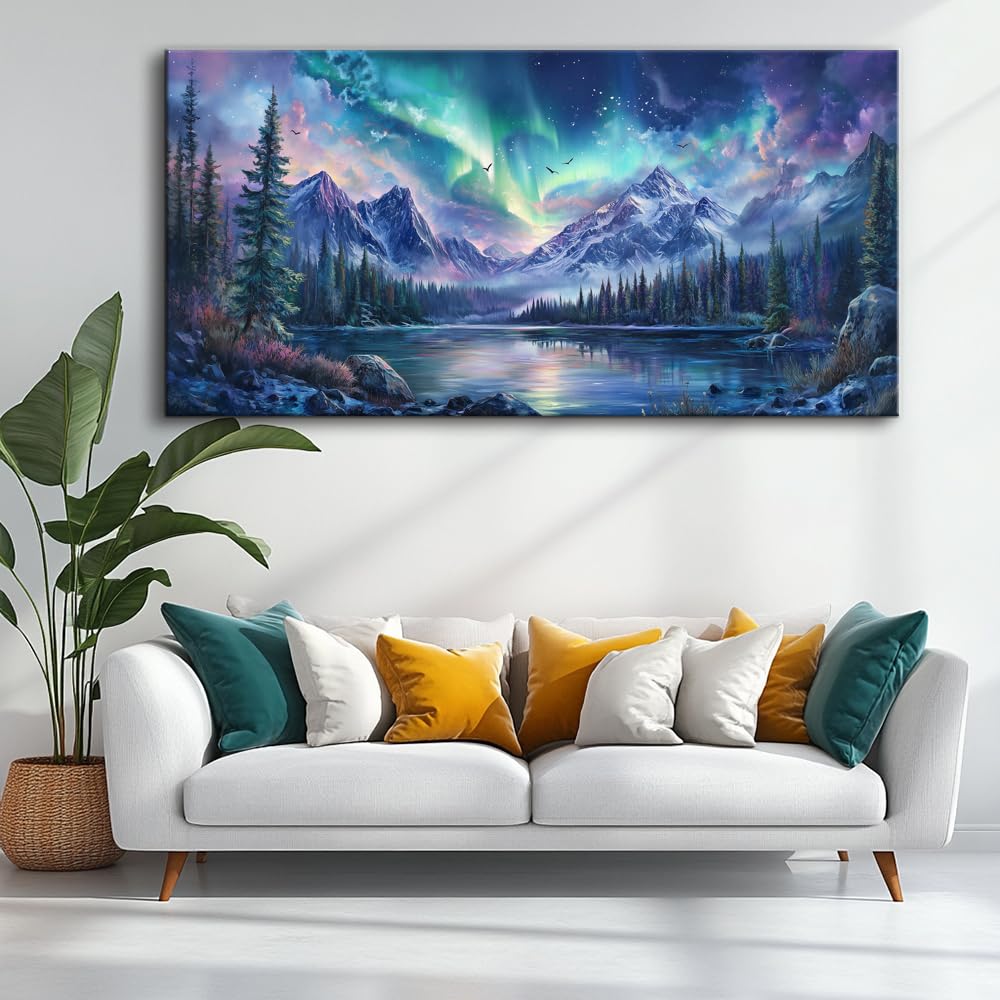 A Borealis Canvas Wall Art Northern Lights Wall Printing Farmhouse Abstract Snow Mountain Tree Forest Scenery Canvas