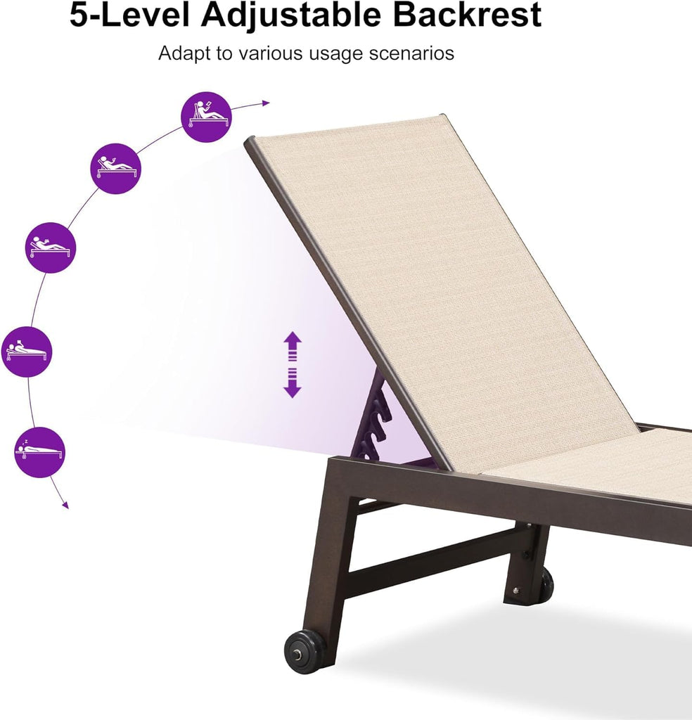 Chaise Lounge Chair Set of 2 Woven Textilene Aluminum Cream
