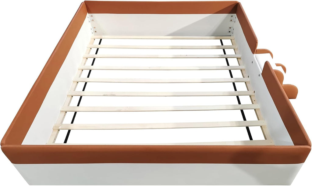 Queen Size Upholstered Daybed Frame with Fence and Stairs, Montessori Kids Floor Bed with Sturdy Slat Support for