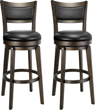 Swivel Bar Stools Set of 2, 30 Inch Bar Height Barstools, Black Faux Leather Bar Stool with High Backrest & Solid