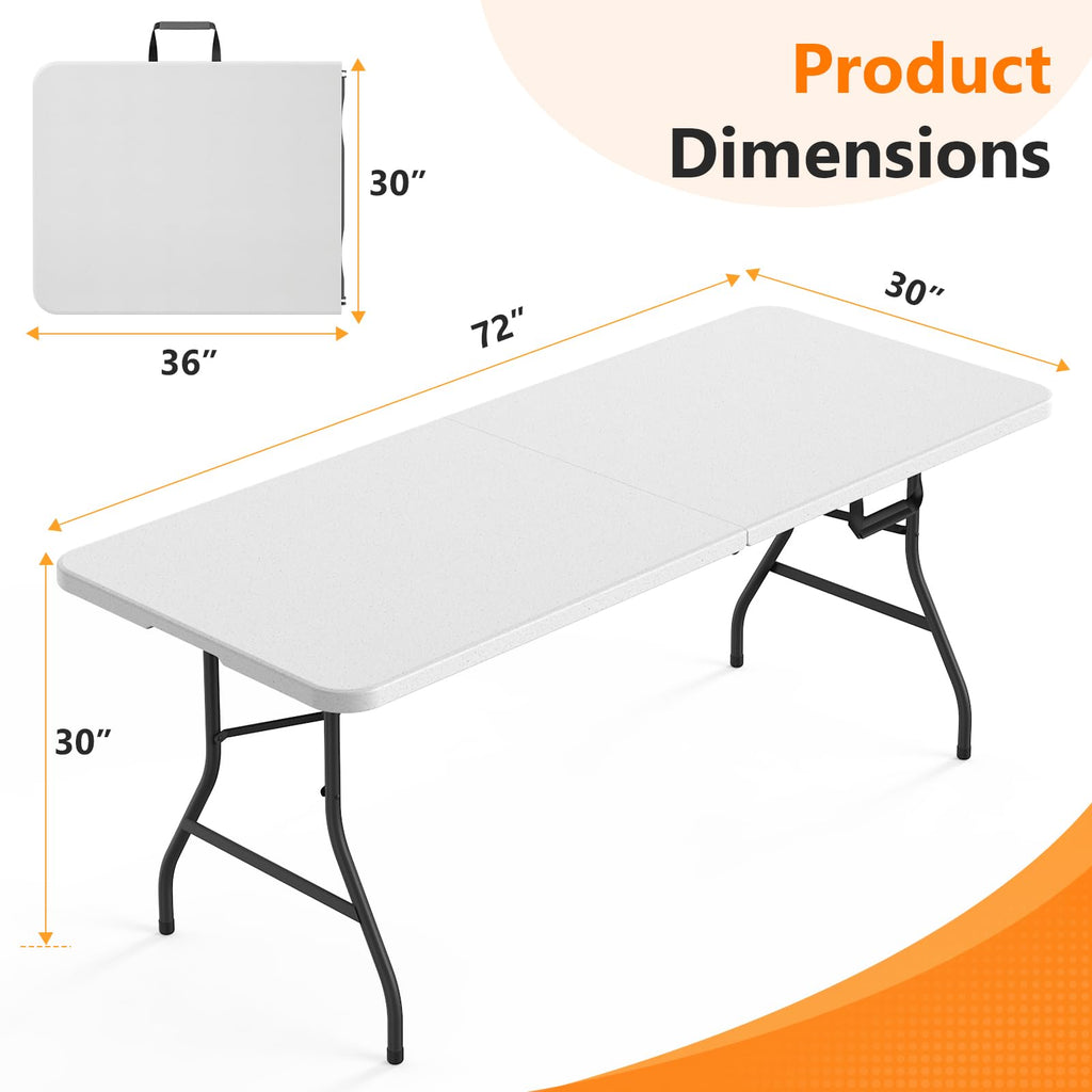 6 Foot Folding Table, Fold-in-Half Utility Table with Carrying Handle, 6FT Heavy Duty Portable Table for Party