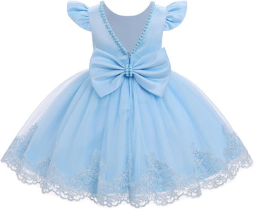 Infant Baby Girls Wedding Flower Girl Dress Pearls Tulle Tutu Dress Bowknot V Back Pageant Party Birthday Formal