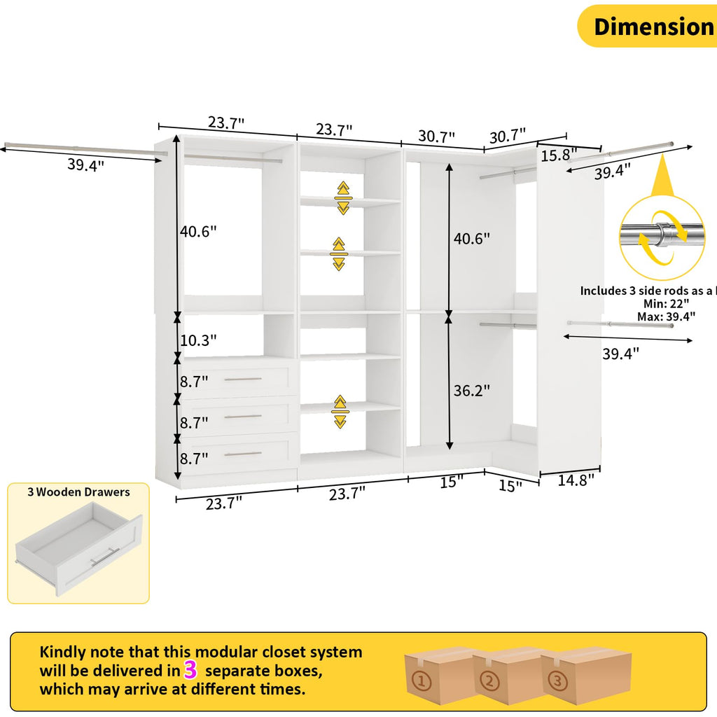 Corner Closet System with 3 Drawers, Closet Organizer System with 6 Hanging Rods 7 Shelves Walk in Wooden Modular