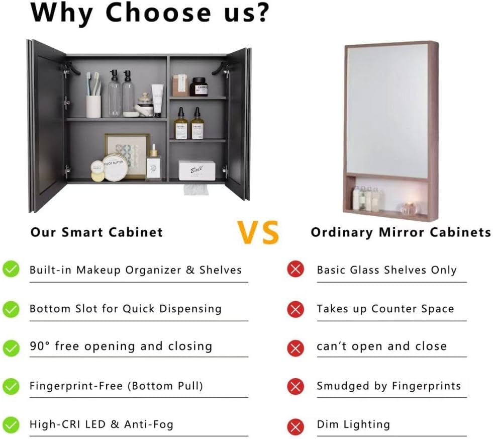 Slim Bathroom Storage Cabinet with LED Mirror | Medicine Cabinet Organizer with Anti-Fog & Shelves | Over The Toilet