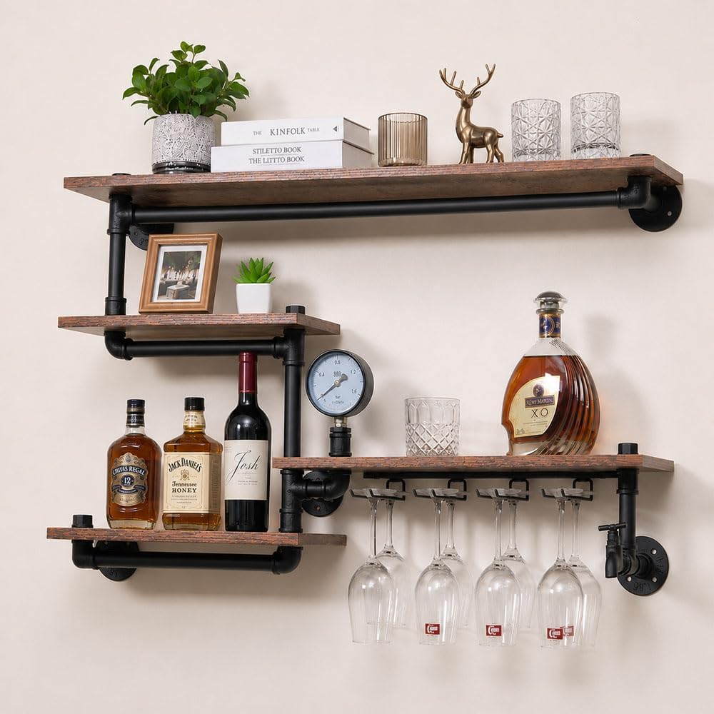 Bar Liquor Shelves, Industrial Pipe Shelving Wine Rack Wall Mounted with 4 Stem Glass Holder, Rustic Floating Pipe