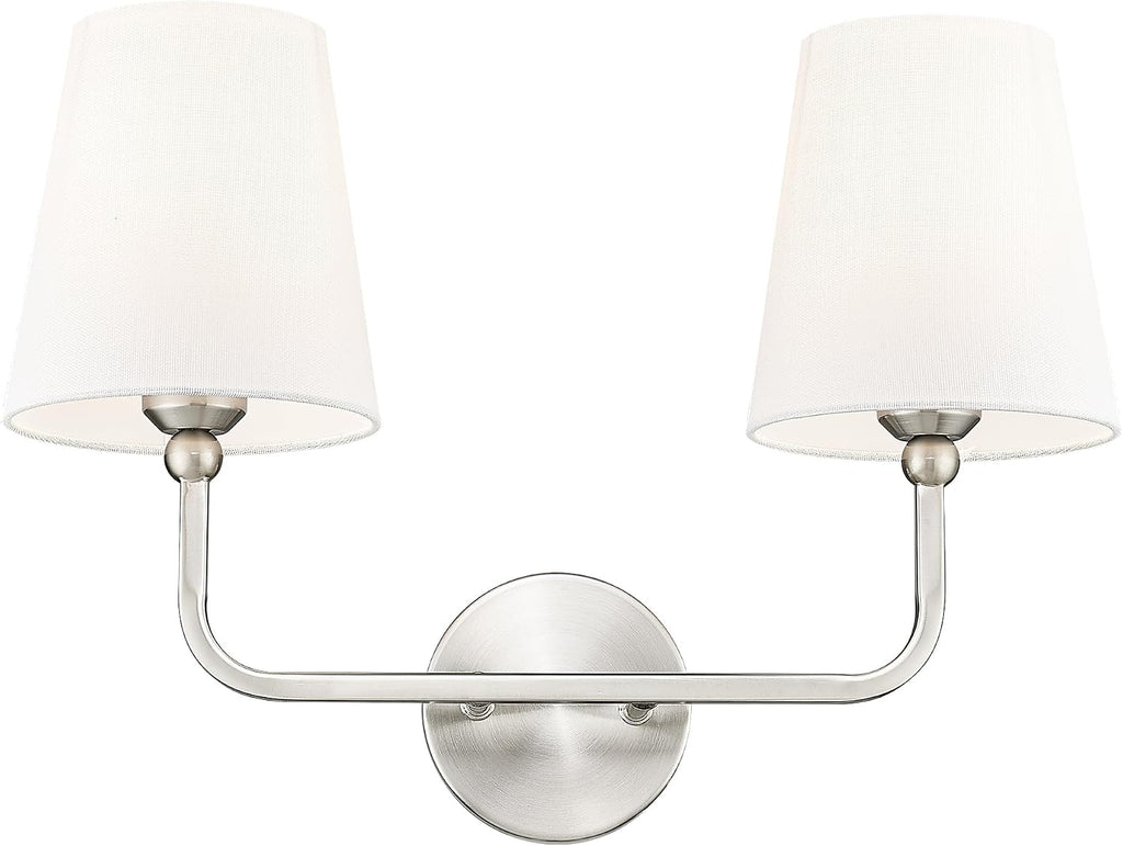 2-Light Brushed Nickel Bathroom Vanity Light, White Fabric Shades | 17" double wall sconce, upward only, E26 base