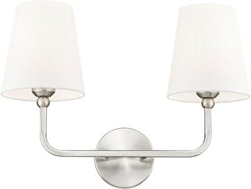 2-Light Brushed Nickel Bathroom Vanity Light, White Fabric Shades | 17" double wall sconce, upward only, E26 base