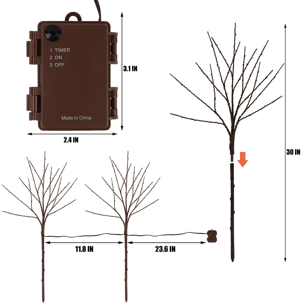 Lighted Christmas Tree Branches, 30IN Artificial Brown Twig Branch with Warm White Lights, Timer & Battery