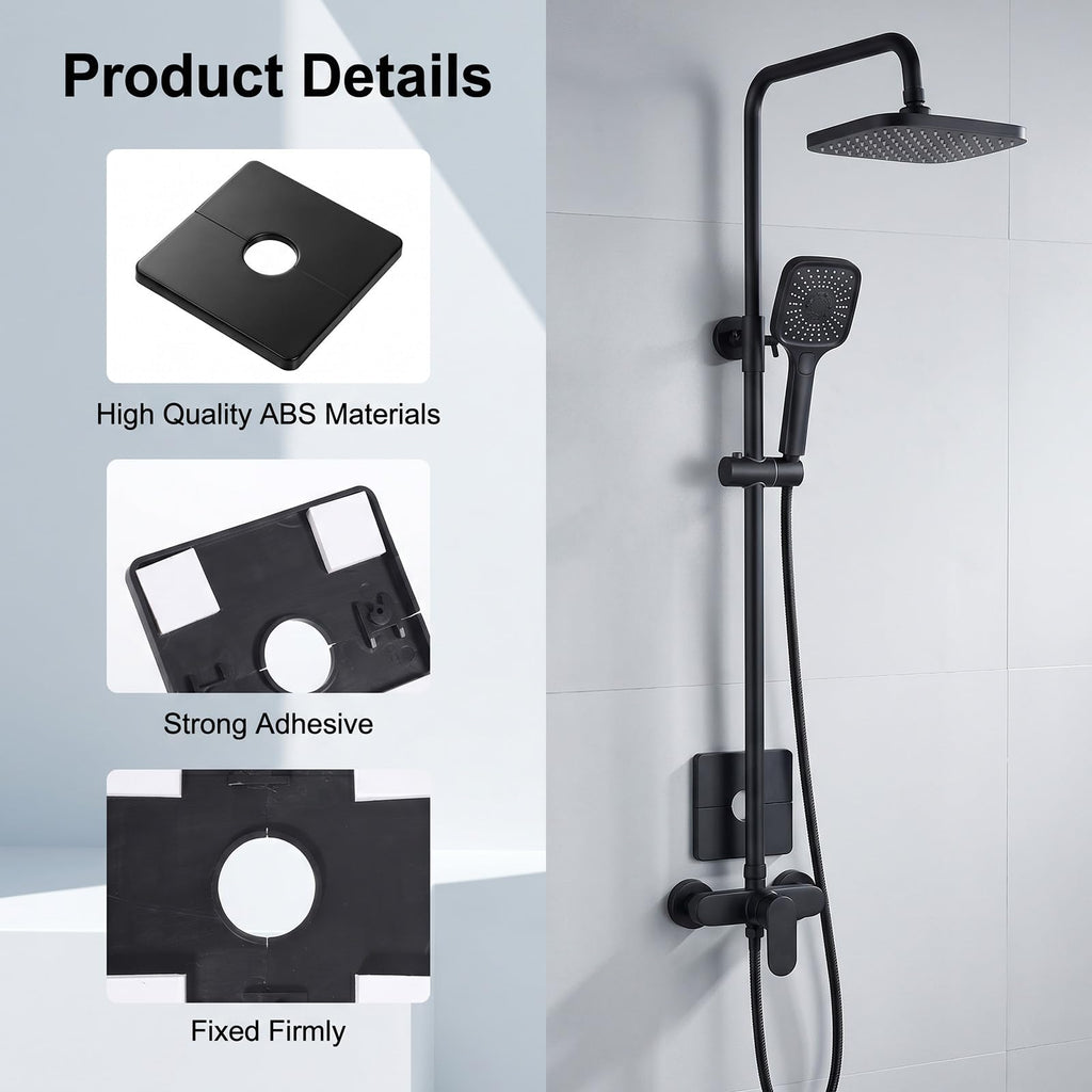 2PCS Black Square Shower Arm Flange, Self-Adhesive Escutcheon Plate for Wall, 3.39in Large Plumbing Cover Plate