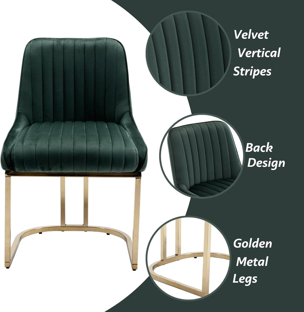 Velvet Dining Chairs Set of 2 Green Upholstered Dining Room Chairs with Gold Legs Modern Armless Kitchen Chairs with