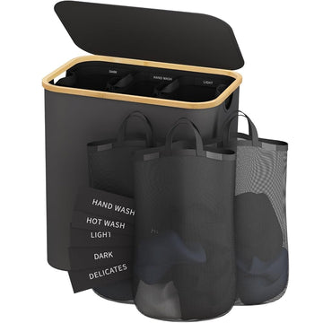 145L Laundry Hamper with Lid, 3 Section Laundry Basket with 3 Removable Bag