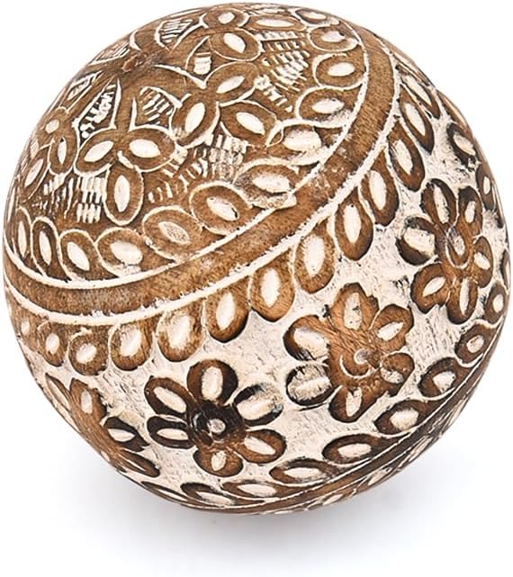 Decorative Balls Mango Wood Handmade Intricately Carved Ball with Floral Patterns (3" x 3"x 3") - Set of 3