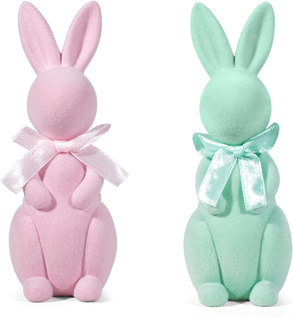 Easter Bunny Decorations, Flocked Bunnies Figurine with Soft Velvet Texture, 5.5" Resin Rabbit Ornaments, Spring - Set of 2