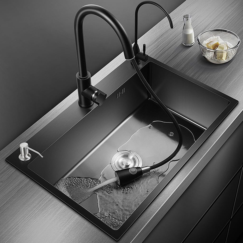 Black Stainless Steel Kitchen Sink, 16 Gauge Single Bowl Workstation Sink, Drop In/Topmount Farmhouse Sink with