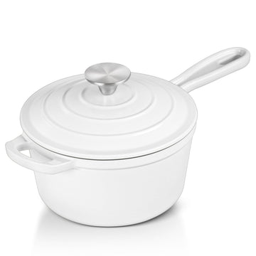 1QT Enameled Cast Iron Saucepan with Lid, Pasta Cookware Pot, White