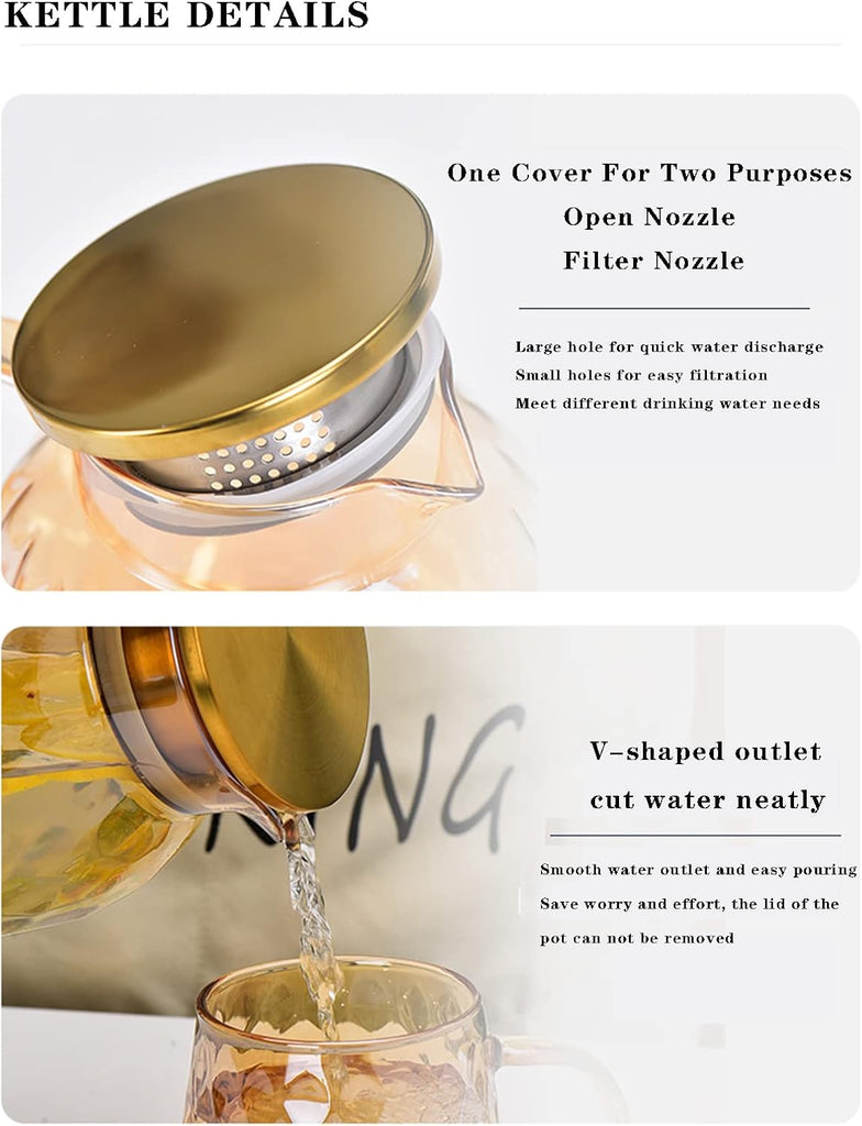 62oz Glass Pitcher with Lid - Amber Borosilicate Water Carafe, Heat Resistant Vintage Jug for Iced Tea, Juice