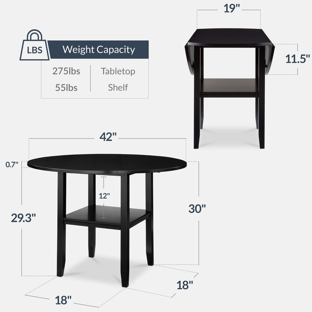 42" Round Drop Leaf Dining Table for 4, Solid Wood Expandable Small Dining Table W/Storage Shelf, Space Saving