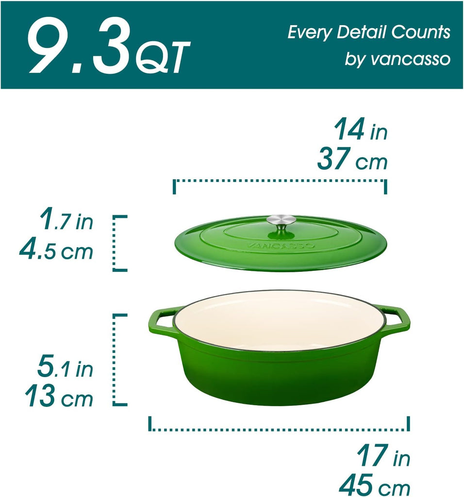 9.3 Qt Oval Enameled Cast Iron Dutch Oven with Lid, Green | Ideal for bread baking, roasting & braising. Self-basting