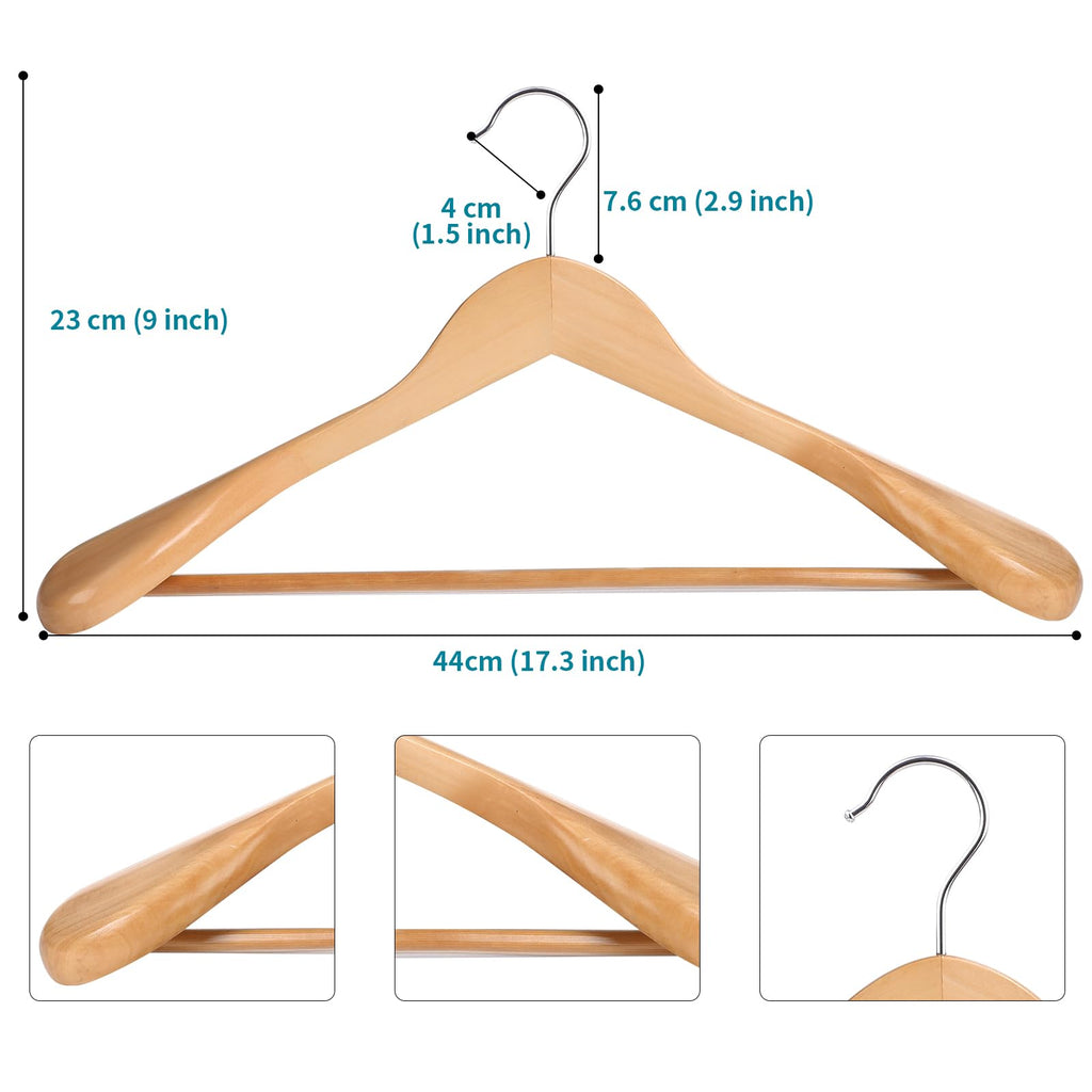 Solid Wood Suit Hangers, 10 Pack, Coat Hangers with Non Slip Trouser Bar, 360° Swivel Hook, Heavy Duty Wide Hangers