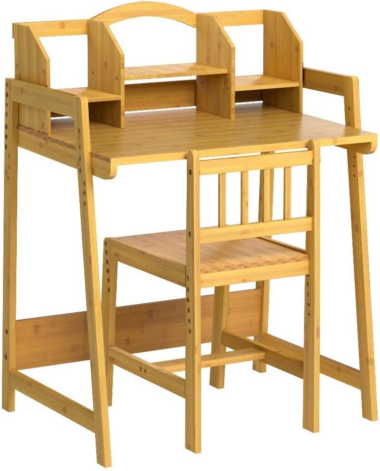 Kids Desk and Chair Set, Height Adjustable Bamboo Study Desk with Storage Hutch and Bookshelf, Wooden Writing Table