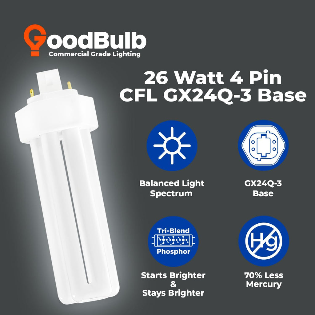 26 Watt CFL Light Bulbs 4 Pin GX24Q-3 Base 5000K Daylight 26W High Output 1800 Lumens Triple Tube Compact Fluorescent