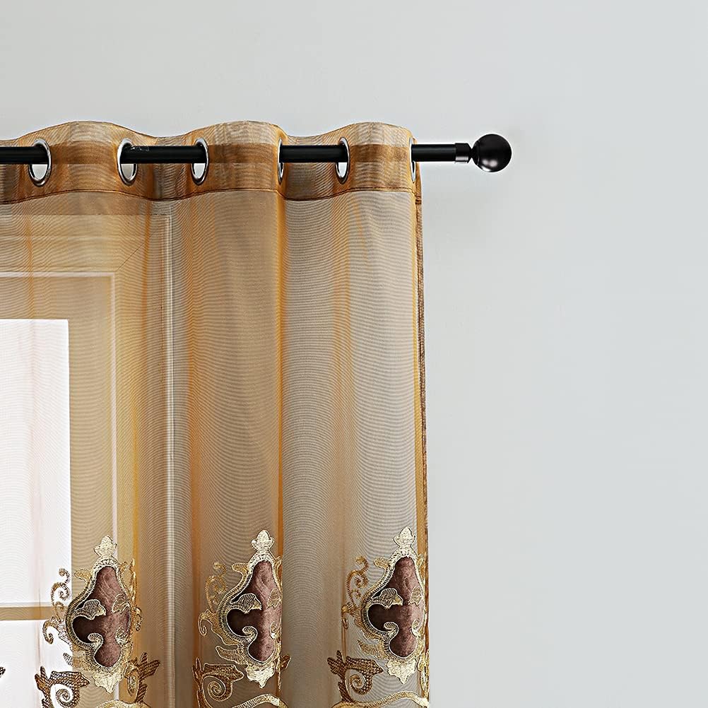 Luxury Embroidered Sheer Curtains for Living Room Chocolate Tulle Curtains for Bedroom with Velvet Embroidered