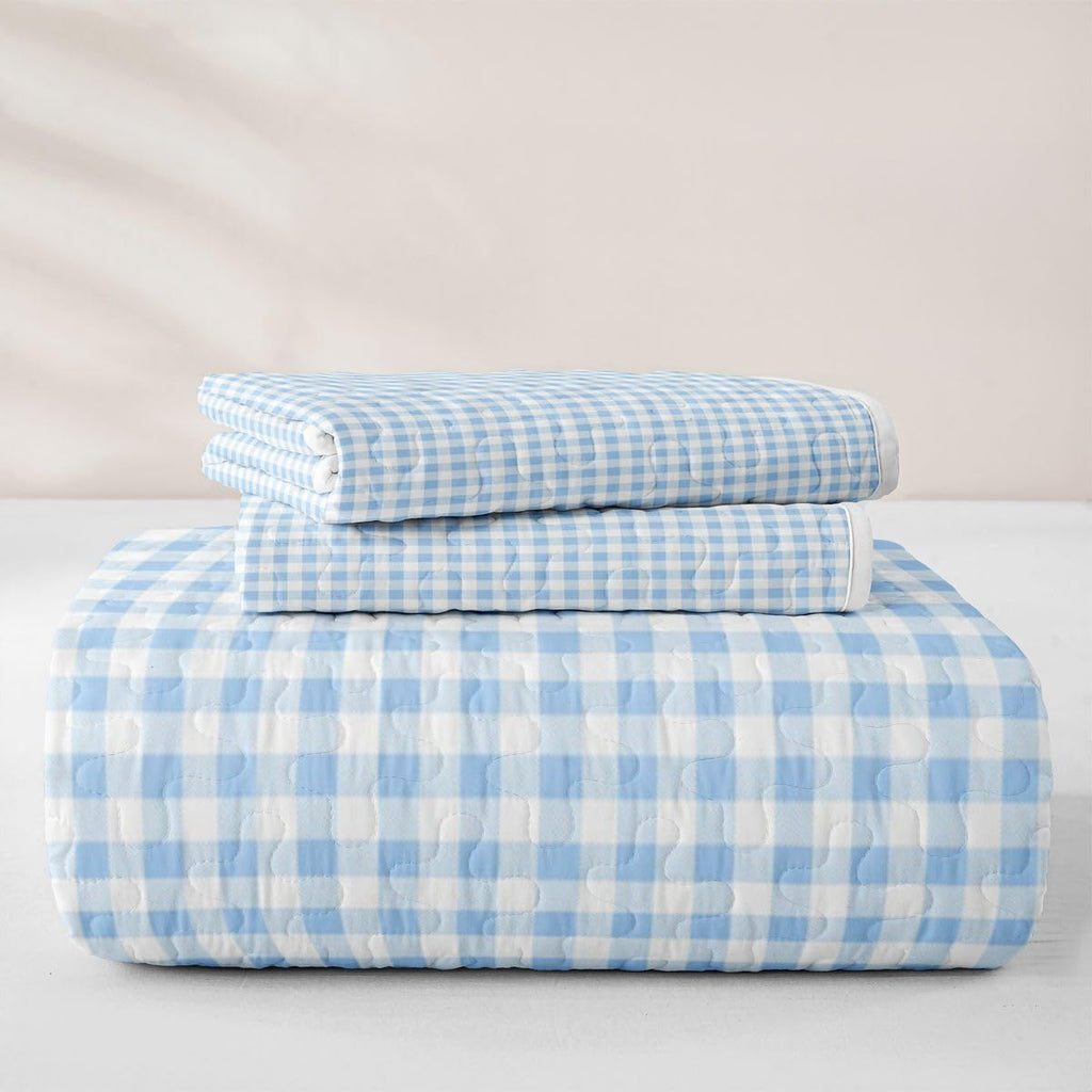 Blue Plaids Quilt, Vintage Checkered Quilt Set for All Season, Cute Geometric Coverlet with 2