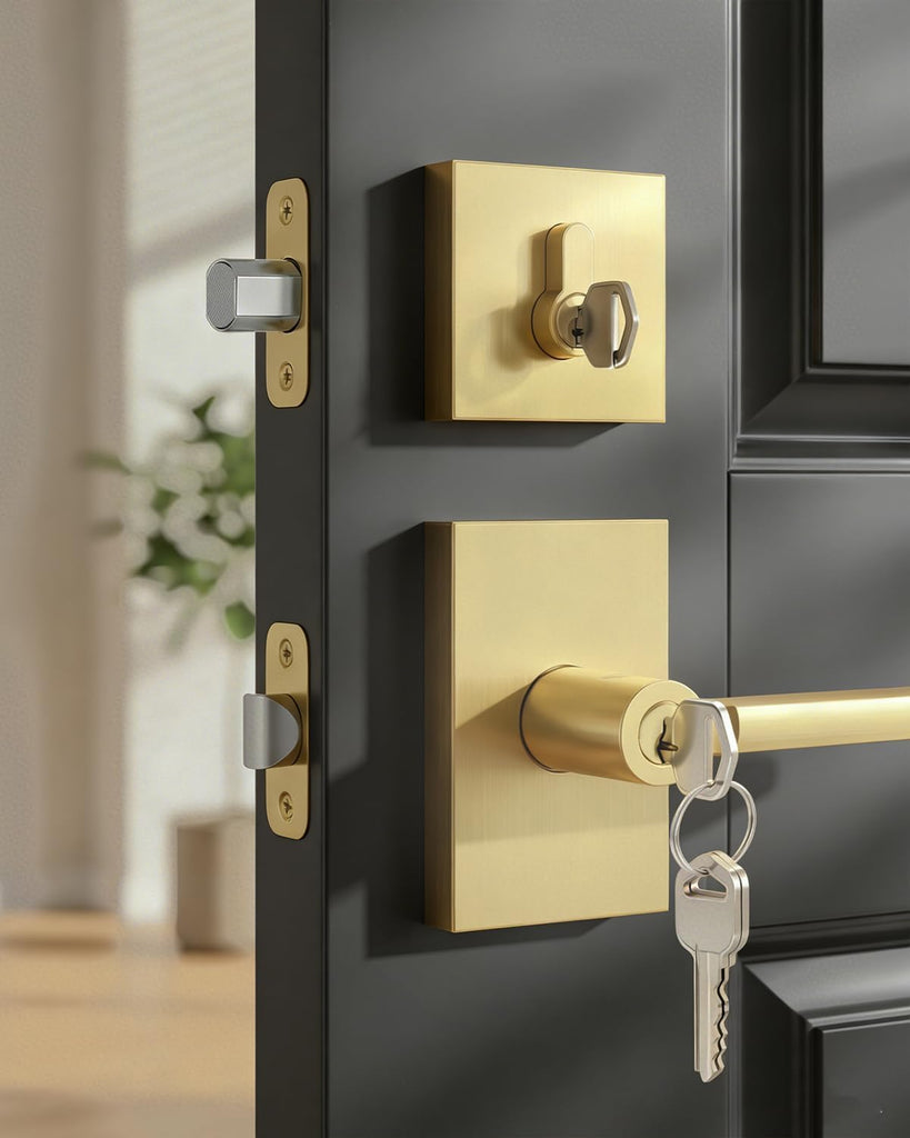 Gold Exterior Door Lock Set,Zinc-Alloy Front Door Handles,2 Pack
