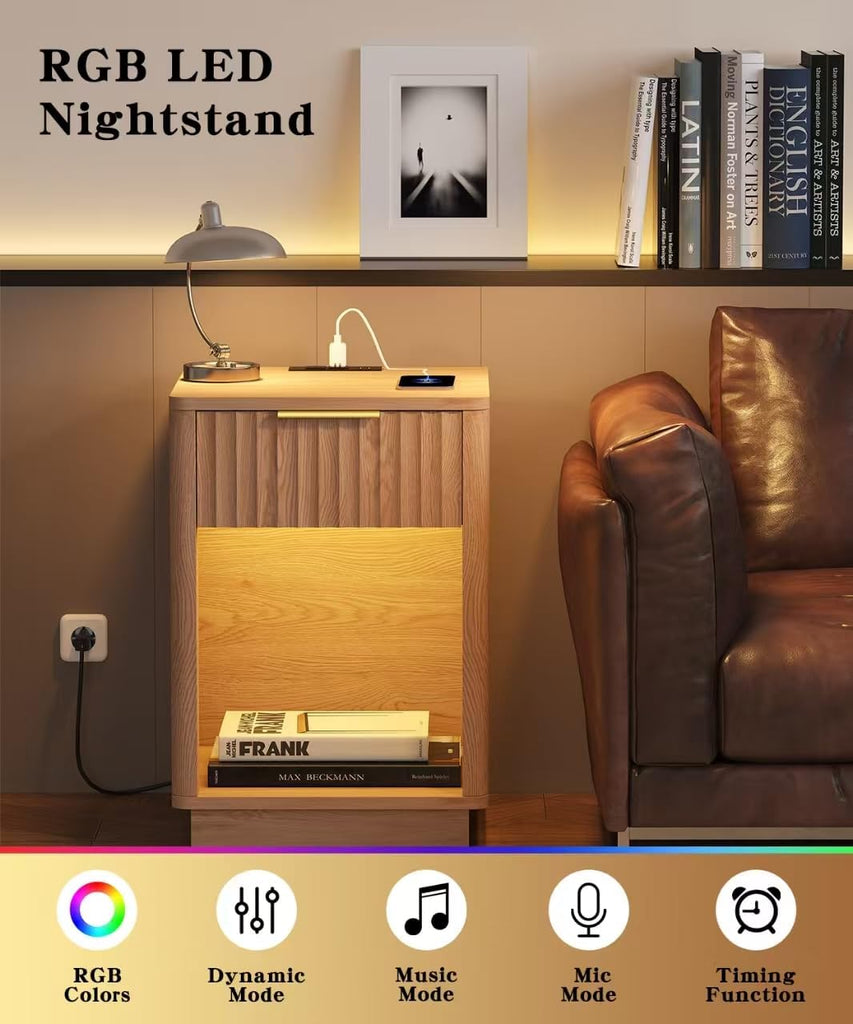 Fluted Nightstands Set of 2, Wooden Night Stand with Charging Station and LED Light, Modern Mid Century Bed Side End