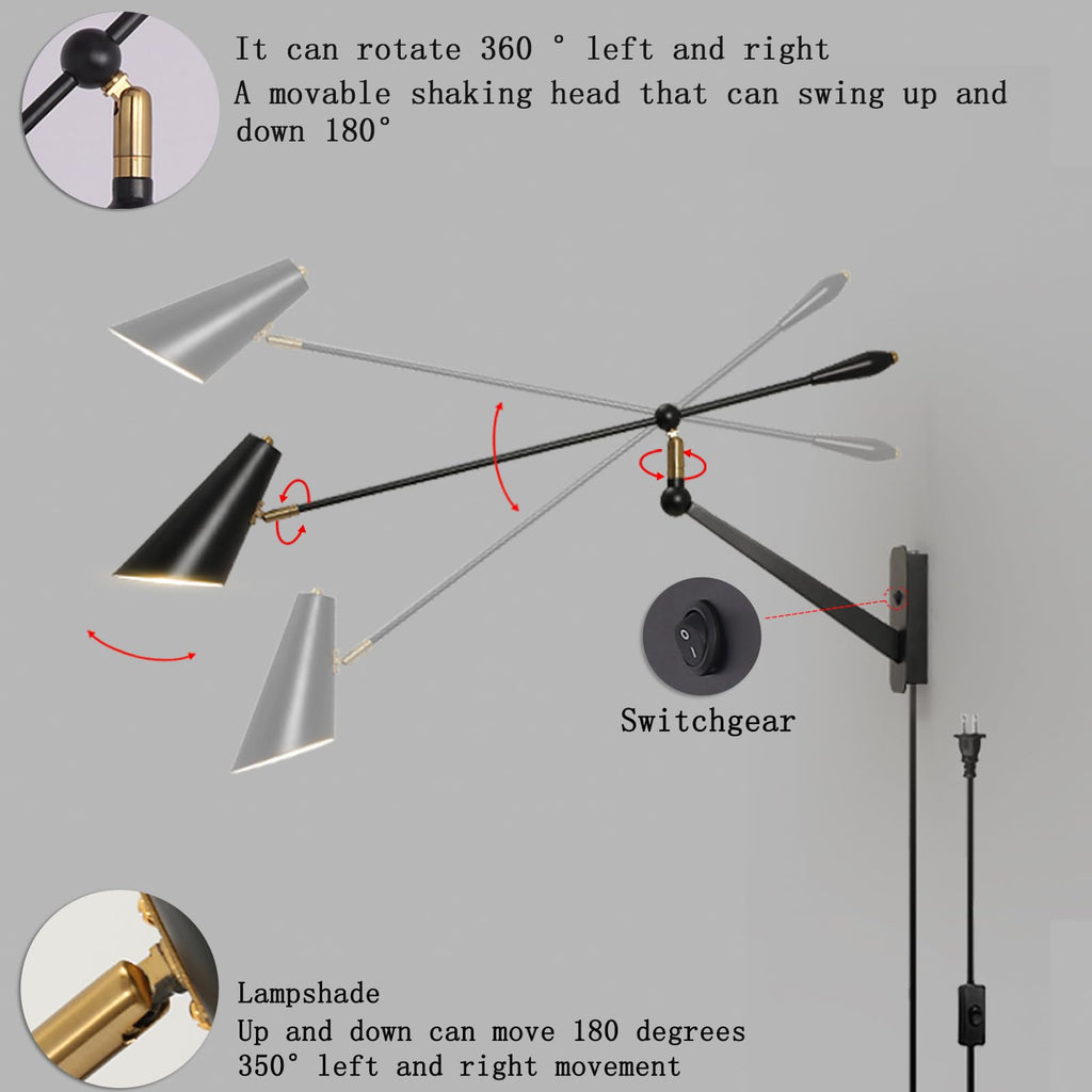 Adjustable Directional Plug in Swing Arm Wall Sconce, E26 Base