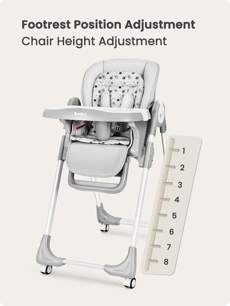 Baby High Chair with Wheel, Adjustable Foldable Chair for Babies & Toddlers | 8-Level Height Adjustment, Adjustable